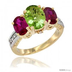 14K Yellow Gold Ladies 3-Stone Oval Natural Peridot Ring with Ruby Sides Diamond Accent