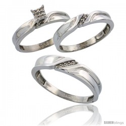 Sterling Silver Diamond Trio Wedding Ring Set His 5mm & Hers 3.5mm Rhodium finish