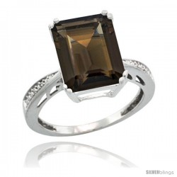 Sterling Silver Diamond Natural Smoky Topaz Ring 5.83 ct Emerald Shape 12x10 Stone 1/2 in wide -Style Cwg07149