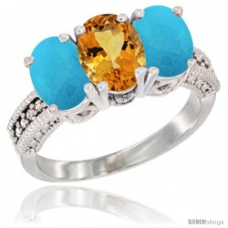 14K White Gold Natural Citrine & Turquoise Sides Ring 3-Stone 7x5 mm Oval Diamond Accent