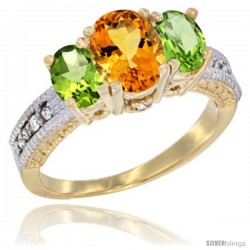 10K Yellow Gold Ladies Oval Natural Citrine 3-Stone Ring with Peridot Sides Diamond Accent