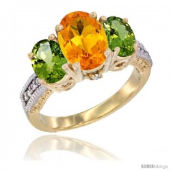 10K Yellow Gold Ladies 3-Stone Oval Natural Citrine Ring with Peridot Sides Diamond Accent