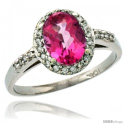 14k White Gold Diamond Pink Topaz Ring Oval Stone 8x6 mm 1.17 ct 3/8 in wide