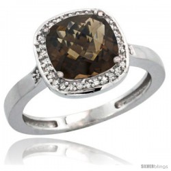 Sterling Silver Diamond Natural Smoky Topaz Ring 2.08 ct Checkerboard Cushion 8mm Stone 1/2.08 in wide