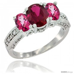 14k White Gold Ladies Oval Natural Ruby 3-Stone Ring with Pink Topaz Sides Diamond Accent