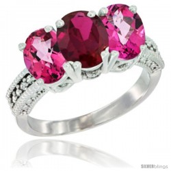 14K White Gold Natural Ruby & Pink Topaz Ring 3-Stone 7x5 mm Oval Diamond Accent