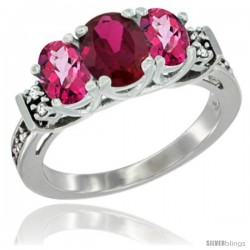 14K White Gold Natural High Quality Ruby & Pink Topaz Ring 3-Stone Oval with Diamond Accent