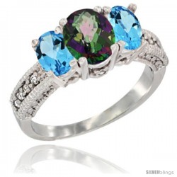 10K White Gold Ladies Oval Natural Mystic Topaz 3-Stone Ring with Swiss Blue Topaz Sides Diamond Accent