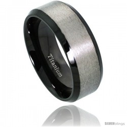 Titanium 8mm Flat Wedding Band Ring 2-tone Black finish Matte Surface Beveled Edges Comfort-fit