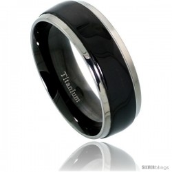 Titanium 8mm Domed Wedding Band Ring Blackened Stripe Center Mirror Beveled Edges Comfort-fit
