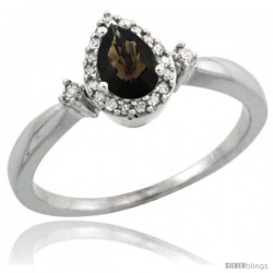 Sterling Silver Diamond Natural Smoky Topaz Ring 0.33 ct Tear Drop 6x4 Stone 3/8 in wide