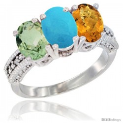 10K White Gold Natural Green Amethyst, Turquoise & Whisky Quartz Ring 3-Stone Oval 7x5 mm Diamond Accent