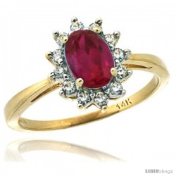 14k Yellow Gold Diamond Halo Ruby Ring 0.85 ct Oval Stone 7x5 mm, 1/2 in wide