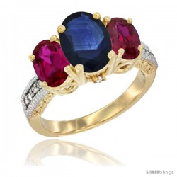 14K Yellow Gold Ladies 3-Stone Oval Natural Blue Sapphire Ring with Ruby Sides Diamond Accent