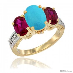 14K Yellow Gold Ladies 3-Stone Oval Natural Turquoise Ring with Ruby Sides Diamond Accent