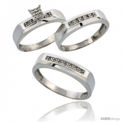 Sterling Silver Diamond Trio Wedding Ring Set His 5mm & Hers 4.5mm Rhodium finish -Style Ag009w3