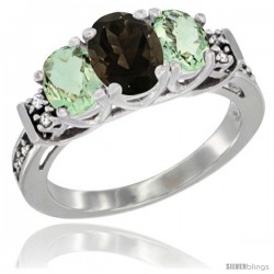 14K White Gold Natural Smoky Topaz & Green Amethyst Ring 3-Stone Oval with Diamond Accent