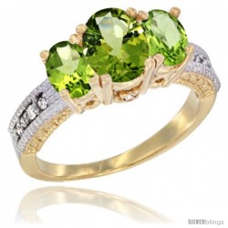 10K Yellow Gold Ladies Oval Natural Peridot 3-Stone Ring Diamond Accent