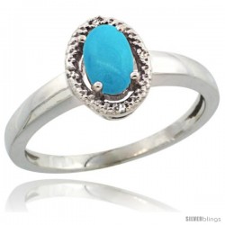 14k White Gold Diamond Halo Sleeping Beauty Turquoise Ring 0.75 Carat Oval Shape 6X4 mm, 3/8 in (9mm) wide