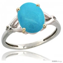 14k White Gold Diamond Sleeping Beauty Turquoise Ring 2.4 ct Oval Stone 10x8 mm, 3/8 in wide