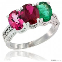 14K White Gold Natural Pink Topaz, Ruby & Emerald Ring 3-Stone 7x5 mm Oval Diamond Accent