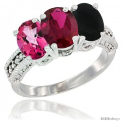 14K White Gold Natural Pink Topaz, Ruby & Black Onyx Ring 3-Stone 7x5 mm Oval Diamond Accent