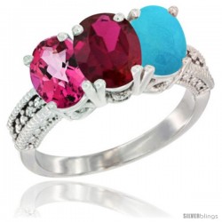 14K White Gold Natural Pink Topaz, Ruby & Turquoise Ring 3-Stone 7x5 mm Oval Diamond Accent