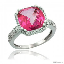 14k White Gold Diamond Halo Pink Topaz Ring Checkerboard Cushion 11 mm 5.85 ct 1/2 in wide