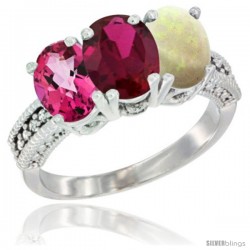 14K White Gold Natural Pink Topaz, Ruby & Opal Ring 3-Stone 7x5 mm Oval Diamond Accent