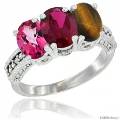 14K White Gold Natural Pink Topaz, Ruby & Tiger Eye Ring 3-Stone 7x5 mm Oval Diamond Accent