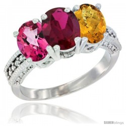 14K White Gold Natural Pink Topaz, Ruby & Whisky Quartz Ring 3-Stone 7x5 mm Oval Diamond Accent