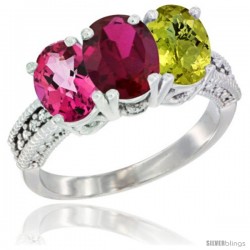 14K White Gold Natural Pink Topaz, Ruby & Lemon Quartz Ring 3-Stone 7x5 mm Oval Diamond Accent