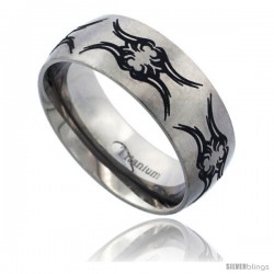 Titanium 8mm Dome Wedding Band Ring Black Laser Etched Tribal Fly Pattern Matte Finish Comfort-fit