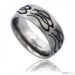 Titanium 8mm Dome Wedding Band Ring Black Laser Etched Tribal Pattern Matte Finish Comfort-fit