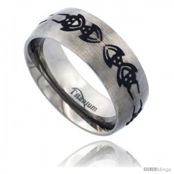 Titanium 8mm Dome Wedding Band Ring Black Laser Etched Tribal Spider Pattern Matte Finish Comfort-fit