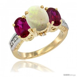 14K Yellow Gold Ladies 3-Stone Oval Natural Opal Ring with Ruby Sides Diamond Accent