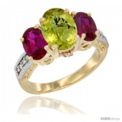 14K Yellow Gold Ladies 3-Stone Oval Natural Lemon Quartz Ring with Ruby Sides Diamond Accent