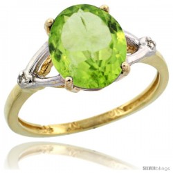 10k Yellow Gold Diamond Peridot Ring 2.4 ct Oval Stone 10x8 mm, 3/8 in wide