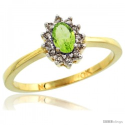 10k Yellow Gold Diamond Halo Peridot Ring 0.25 ct Oval Stone 5x3 mm, 5/16 in wide