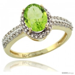 10k Yellow Gold Diamond Halo Peridot Ring 1.2 ct Oval Stone 8x6 mm, 3/8 in wide