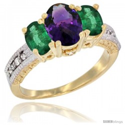 14k Yellow Gold Ladies Oval Natural Amethyst 3-Stone Ring with Emerald Sides Diamond Accent