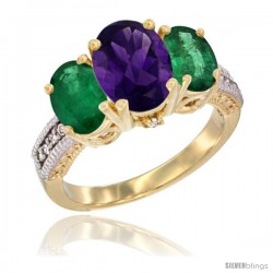 14K Yellow Gold Ladies 3-Stone Oval Natural Amethyst Ring with Emerald Sides Diamond Accent