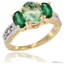 14k Yellow Gold Ladies Oval Natural Green Amethyst 3-Stone Ring with Emerald Sides Diamond Accent