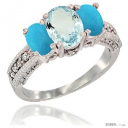 14k White Gold Ladies Oval Natural Aquamarine 3-Stone Ring with Turquoise Sides Diamond Accent