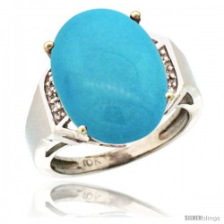 14k White Gold Diamond Sleeping Beauty Turquoise Ring 9.7 ct Large Oval Stone 16x12 mm, 5/8 in wide