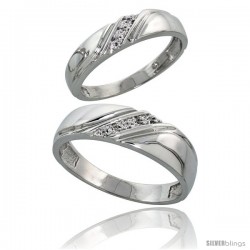 Sterling Silver Diamond 2 Piece Wedding Ring Set His 6mm & Hers 4.5mm Rhodium finish