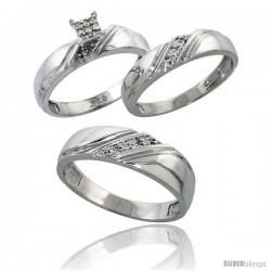 Sterling Silver Diamond Trio Wedding Ring Set His 6mm & Hers 4.5mm Rhodium finish