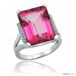 14k White Gold Diamond Pink Topaz Ring 12 ct Emerald Cut 16x12 stone 3/4 in wide