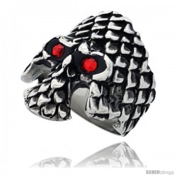 Surgical Steel Biker Ring Gothic Skull with Scaly Armor Red CZ Eyes 1 3/16 in long