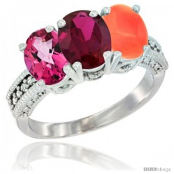 14K White Gold Natural Pink Topaz, Ruby & Coral Ring 3-Stone 7x5 mm Oval Diamond Accent